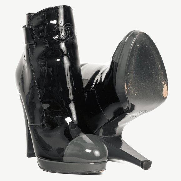 Chanel Black Patent Leather Cap-Toe Platform Booties - Picture 4 of 11